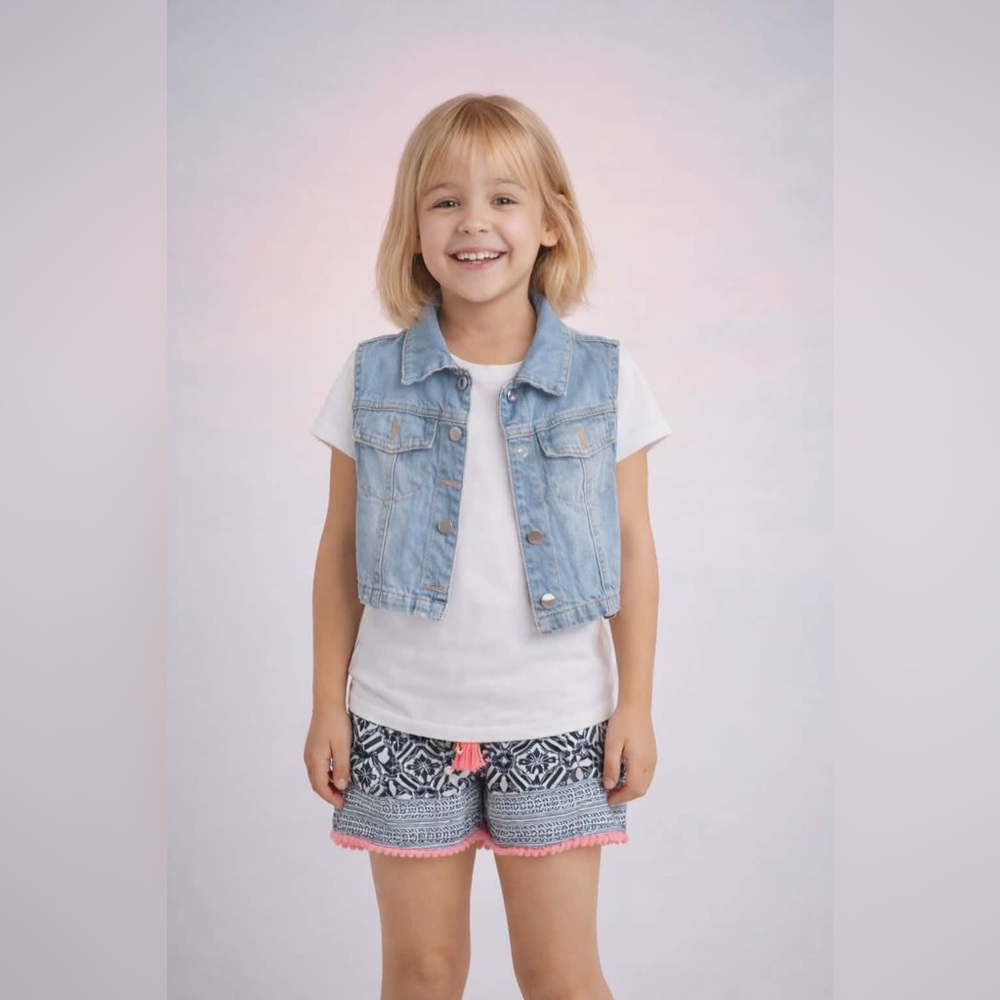 EUC. Girls 7/8. Knit Works Cropped Denim Vest Blue Jean Sleeveless Jacket